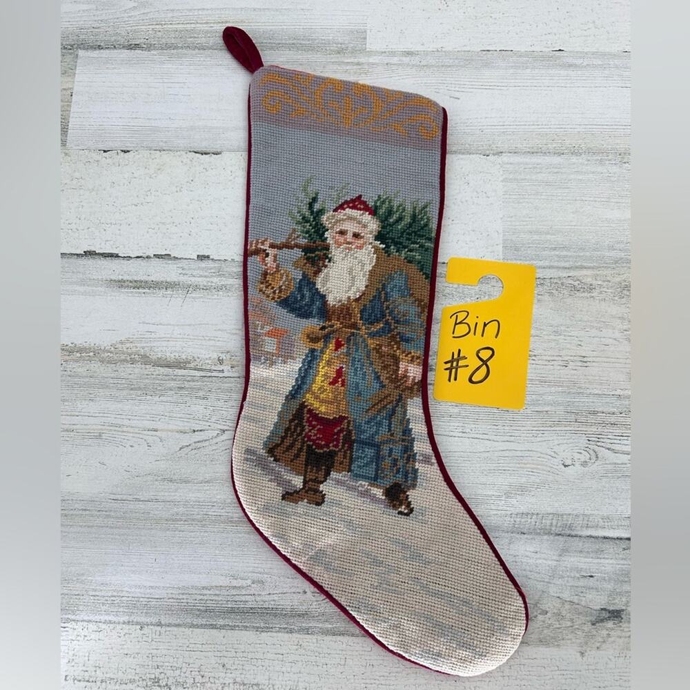 Vintage Christmas Stocking Needlepoint yarn - 21.5" Santa Claus carrying a tree
